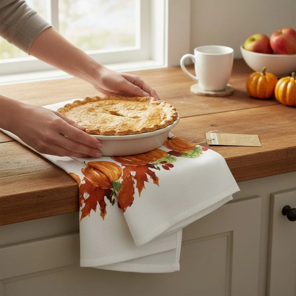 Gilded Maple Kitchen Towels Set of 2 White Orange Brand New Pumpkin Fall Decor
